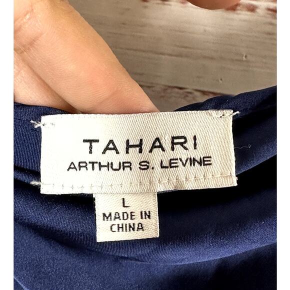 Tahari Dainty Navy Blue Satin Slip Midi Minimalist Dress Cowl Neck Size Large - Picture 8 of 9